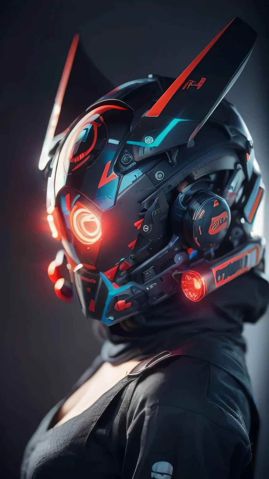 Masterpiece, Best Quality, a closeup of a futuristic looking cyborg girl with a fantastic cyber helmet head with red triangular LED lights and a halo, dressed in a black Techwear jacket, whole body white background