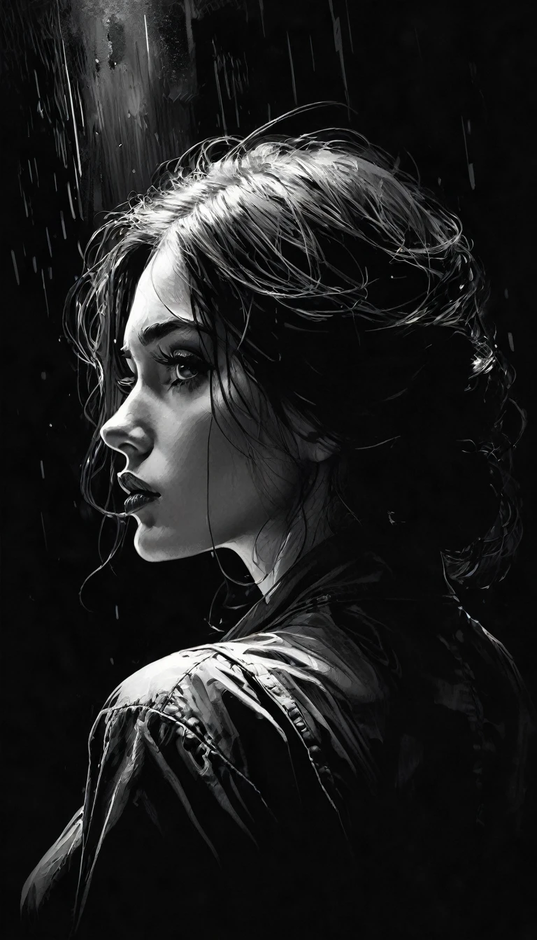 chiaroscuro, sensual, dramatic lighting, moody atmosphere, photorealistic, intricate details, masterpiece, ultra-detailed, high quality, 8k, best quality, realistic, cinematic, dark and brooding, expressionistic, powerful composition, emotional impact, black and white image, Bill Sienkiewicz inspired art