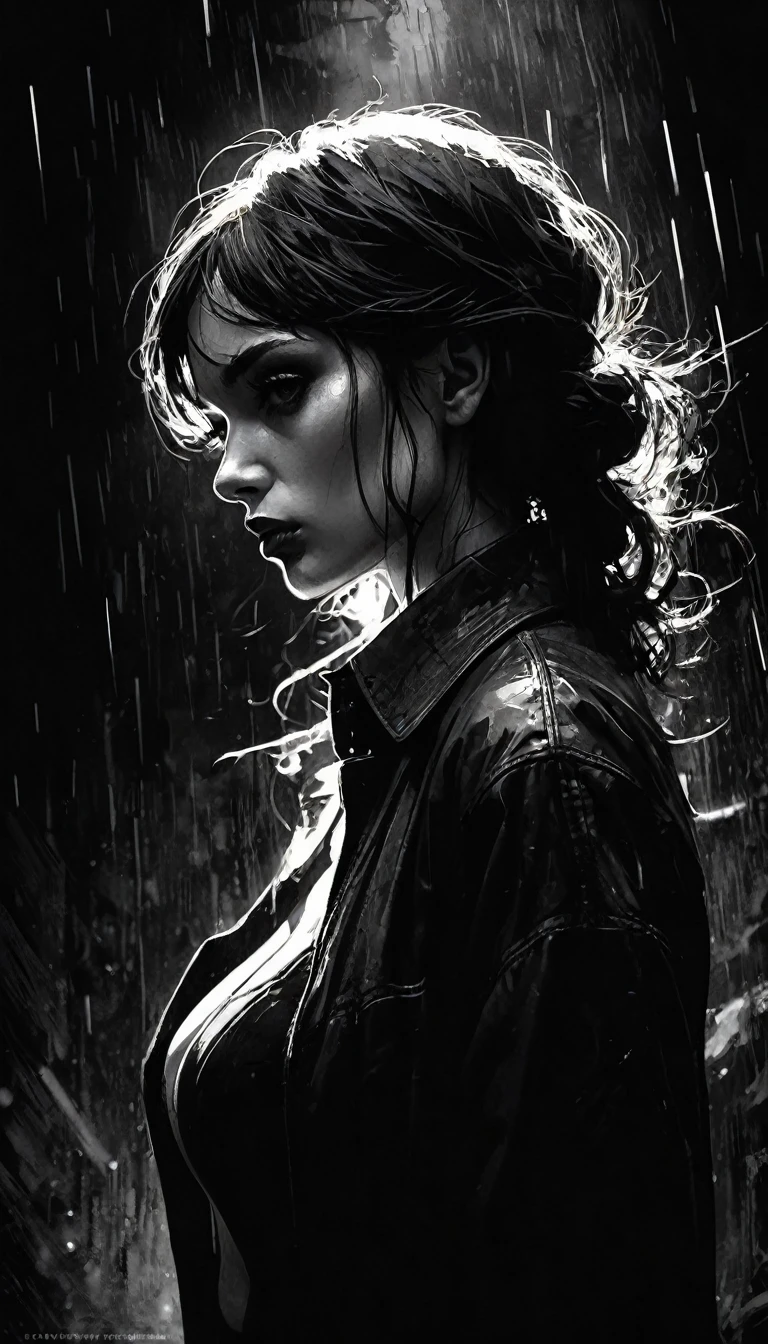 chiaroscuro, sensual, dramatic lighting, moody atmosphere, photorealistic, intricate details, masterpiece, ultra-detailed, high quality, 8k, best quality, realistic, cinematic, dark and brooding, expressionistic, powerful composition, emotional impact, black and white image, Bill Sienkiewicz inspired art
