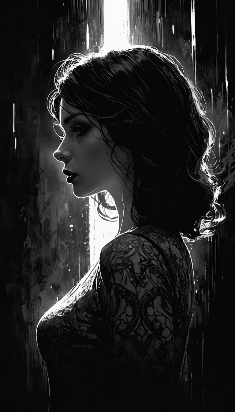 chiaroscuro, sensual, dramatic lighting, moody atmosphere, photorealistic, intricate details, masterpiece, ultra-detailed, high quality, 8k, best quality, realistic, cinematic, dark and brooding, expressionistic, powerful composition, emotional impact, black and white image, Bill Sienkiewicz inspired art