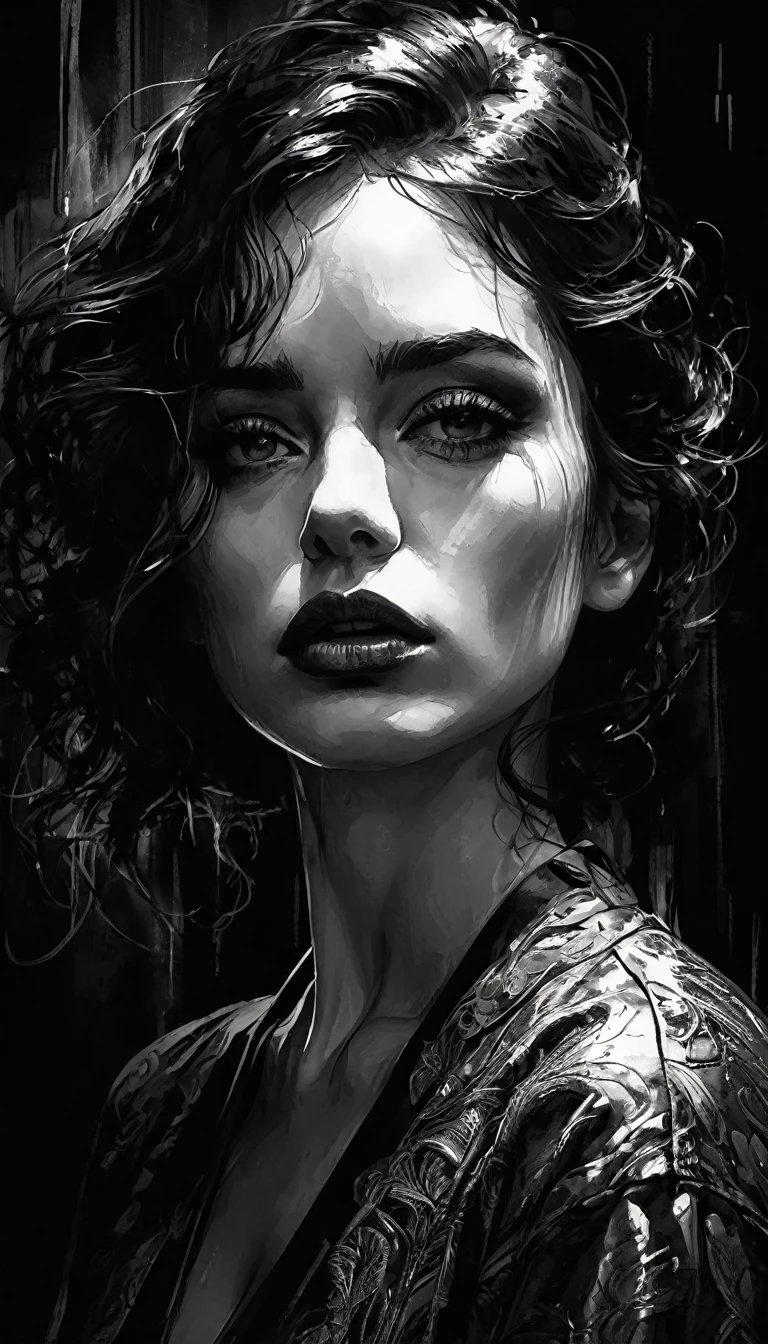 chiaroscuro, sensual, dramatic lighting, moody atmosphere, photorealistic, intricate details, masterpiece, ultra-detailed, high quality, 8k, best quality, realistic, cinematic, dark and brooding, expressionistic, powerful composition, emotional impact, black and white image, Bill Sienkiewicz inspired art
