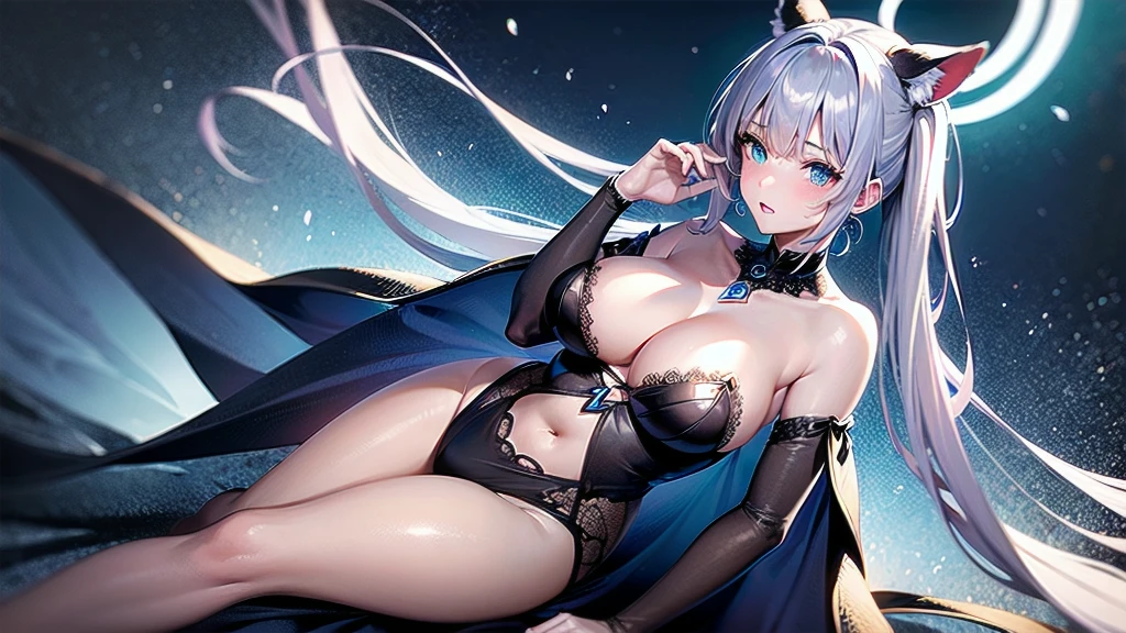 (masterpiece), best quality, expressive eyes, perfect face, perfect hands, blushing, ice raccoon queen, heterochromia, hair fringe, hair clips, huge teardrop , sexy dress, cleavage, v-neck, fabric lace, fishnet stockings, long cape, fluttering, long high twintails, animal ears, incredible details, masterpiece, wallpaper art, full body art, hands on legs, solo, demonic possession, (glow, god rays, ethereal, dreamy, heavenly, otherworldly, dream-like, breathtaking, captivating, divine),