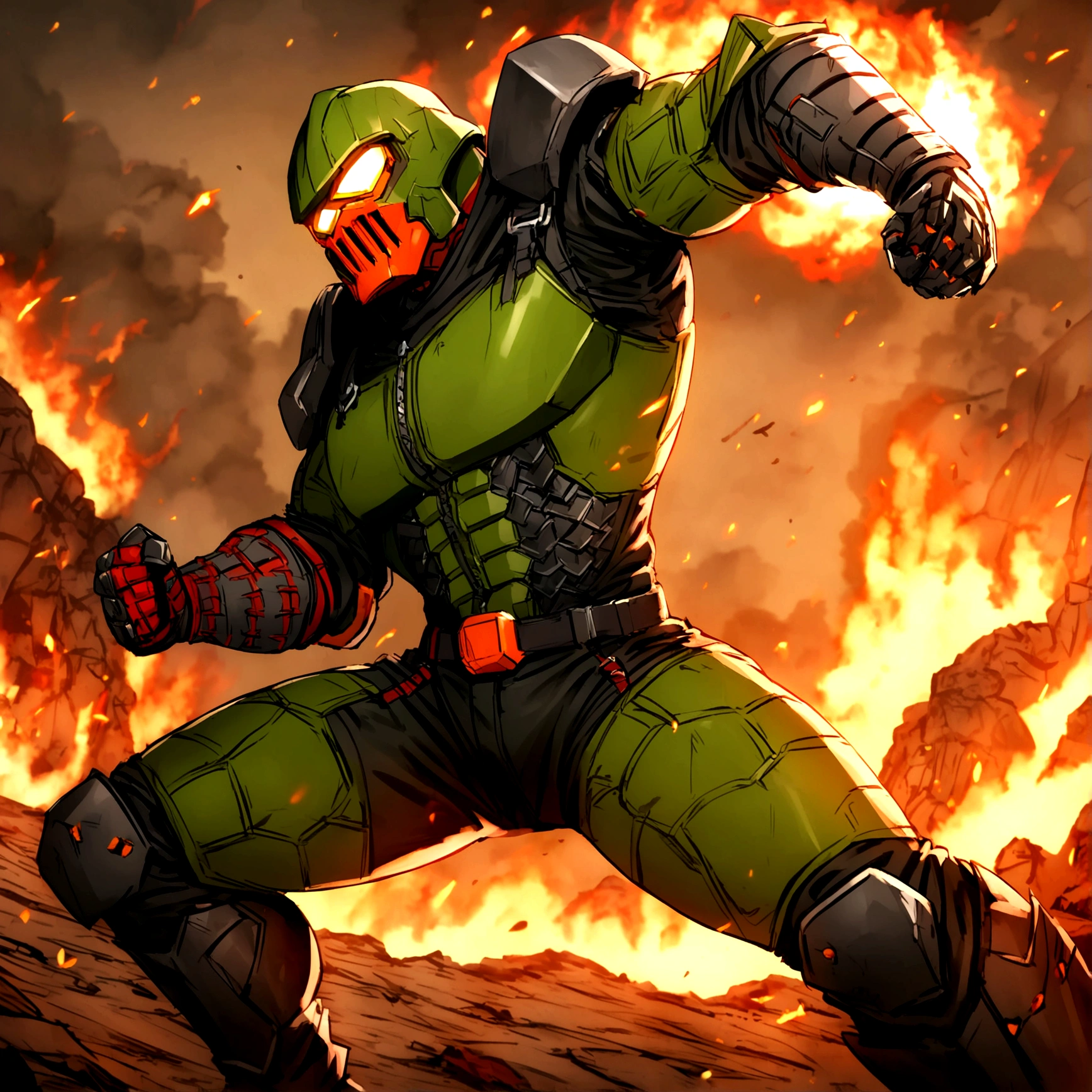 doom slayer, doom guy, doom slayer in disguise, hell, hellfire unleashed, dynamic pose, dark, hell