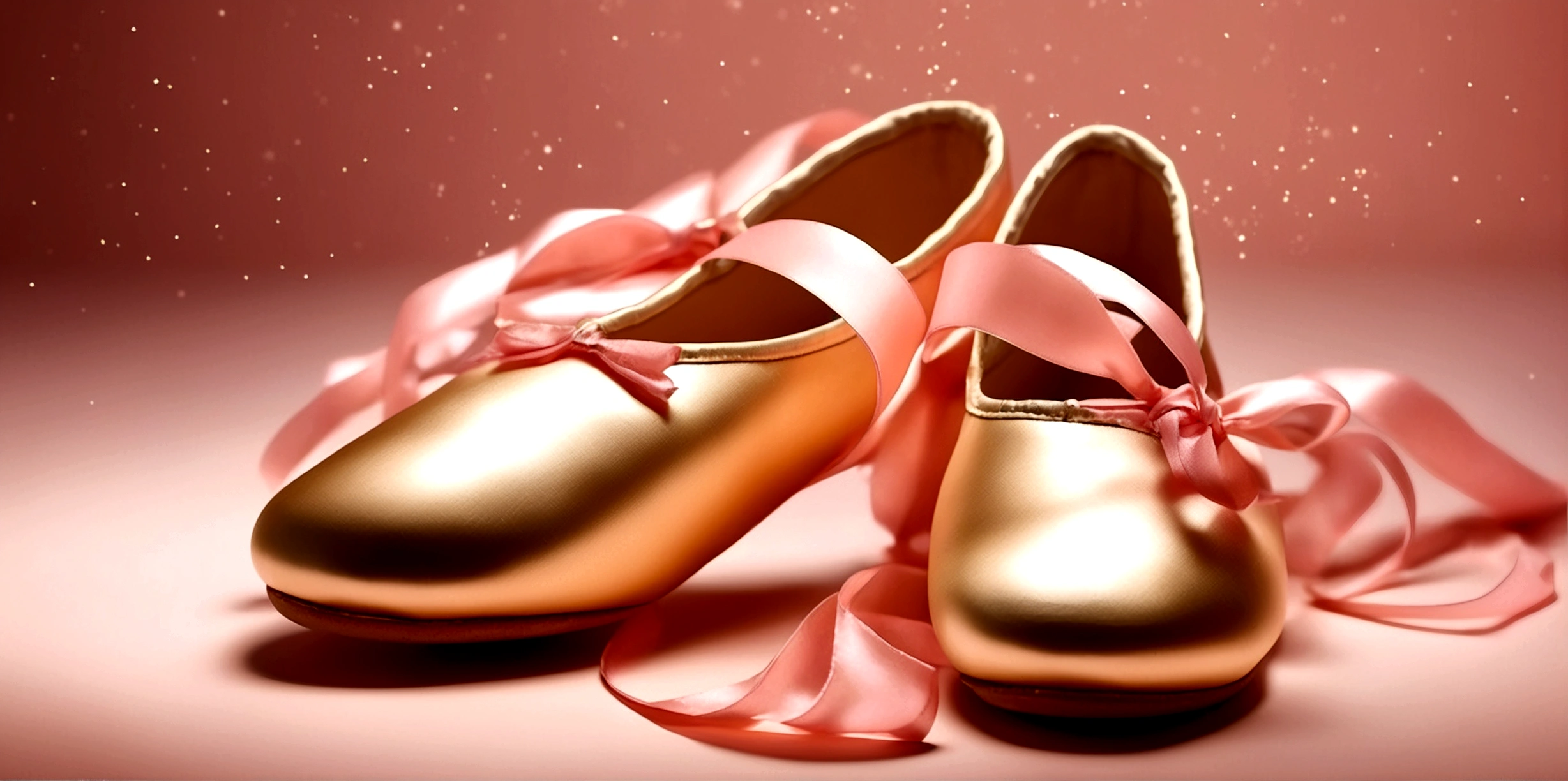 Banner graph;poster;A pair of tiny ballet shoes,Wrapped in a pink ribbon;Ribbons fill the screen;dream,mystery;Big scene;Golden pink hue。Low saturation;Background pure,Simplicity。Large blank space in the center。