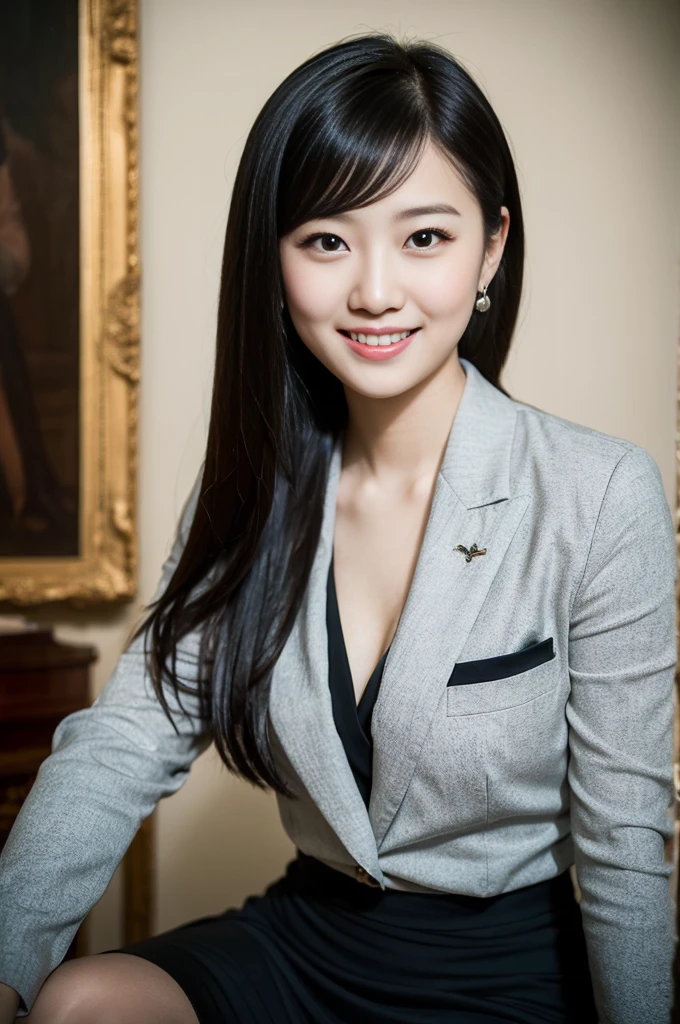 Pure young Japanese girl, wearing dark colors style suits and skirts, vivid makeup, natural black hair styles, sitting in antique in style rooms, sweet smile, sexual attractive, sweet temptations, professional portrait photography, midnight,