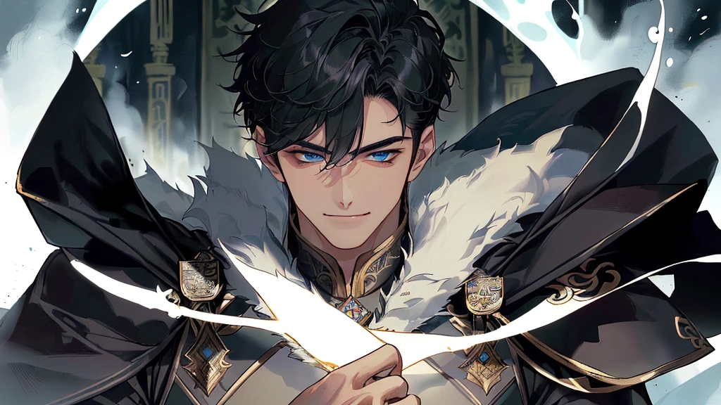 ((best quality)), ((ผลงานชิ้male black shadow ghost knight walking away from a battlefield, shadow, black, A quiet and charming young man, 30 years old, smile, gag, Portrait, ใบหน้าที่มีdetailsสูง, 寒さとsmile, ((blue eyes)), ((ผมสั้นblack)), [Thick eyebrows], Black Knight Armor (เกราะblackล้วน) , ผ้าคลุมขนสัตว์black(ผลงานmasterpiece,best quality,special, (Broad shoulders)) (muscle), male focus, Hand Held Weapons (Crescent repeater),Lipo,Fang Tian Hua Ji,High quality, สมจริงเป็นspecial,nonsense, height, Very detailed, HDR, ผลงานmasterpiece, ใบหน้าและดวงตาที่มีdetailsมาก,ผม Quiff blackสั้นมี Soft Fringe, handsome , muscle, Facial expressions,อัศวินชุดblack, ghost knight, full body view, Facing the front, shadow อัศวิน, blue eyesเรืองแสง, black smoke, dark, ผลงานmasterpiece, ผลงานmasterpiece lighting ,masterpiece)), (details),