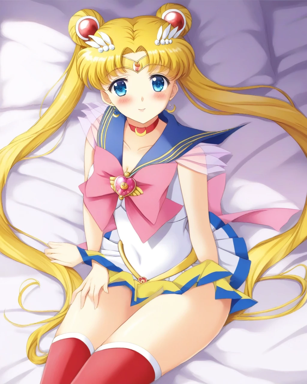 score_9, score_8_up, score_7_up, 

bishoujo_senshi_sailor_moon,super_sailor_moon,tsukino_usagi,pleated_skirt,red_choker,thighhighs

on bed, thighs, hand between thighs, blush, look at viewer, lying