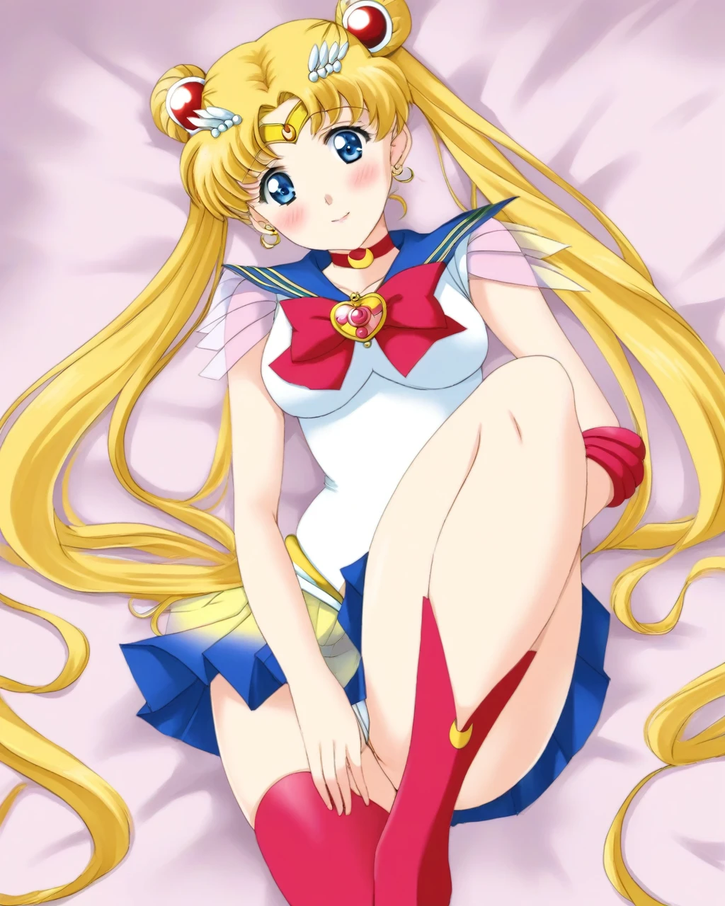 score_9, score_8_up, score_7_up, 

bishoujo_senshi_sailor_moon,super_sailor_moon,tsukino_usagi,pleated_skirt,red_choker,thighhighs

on bed, thighs, hand between thighs, blush, look at viewer, lying