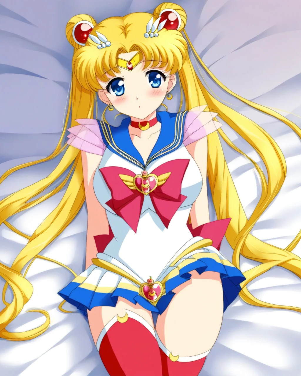 score_9, score_8_up, score_7_up, 

bishoujo_senshi_sailor_moon,super_sailor_moon,tsukino_usagi,pleated_skirt,red_choker,thighhighs

on bed, thighs, hand between thighs, blush, look at viewer, lying