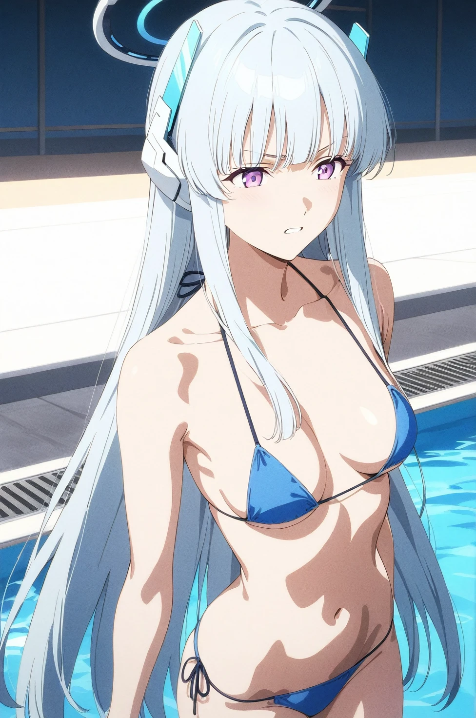 best quality, amazing quality, very aesthetic, absurdres, (1girl, noa, blue archive, solo, purpel eyes), (realistic face:0.9),(string bikini:1.8), (angry, thigh:1.3), (cowboy shot), (glowing eyes), (half closed eyes:0.9), (Soft Light:1.7), (official art:1.3), (pool), expressive eyes, perfect face, extremely detailed eyes, perfect anatomy, smooth skin, (pool background:1.5), clear eyes, beautiful face, medium breasts, (anime style:1.7), (highres:2), (Chiaroscuro),