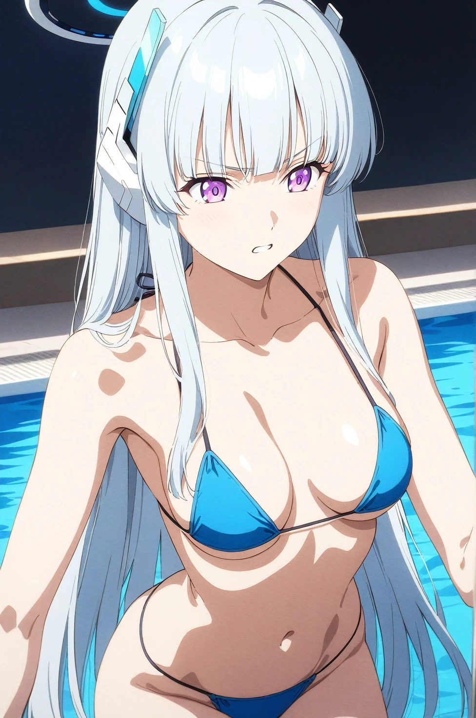 best quality, amazing quality, very aesthetic, absurdres, (1girl, noa, blue archive, solo, purpel eyes), (realistic face:0.9),(string bikini:1.8), (angry, thigh:1.3), (cowboy shot), (glowing eyes), (half closed eyes:0.9), (Soft Light:1.7), (official art:1.3), (pool), expressive eyes, perfect face, extremely detailed eyes, perfect anatomy, smooth skin, (pool background:1.5), clear eyes, beautiful face, medium breasts, (anime style:1.7), (highres:2), (Chiaroscuro),