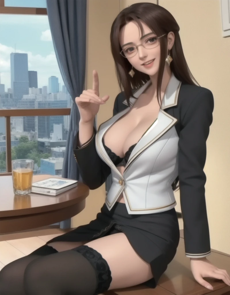 (high quality:1.1), Cinema Lighting, Highly detailed, blooming,
Izumi, Mature Woman, teacher, A girl, alone, Sitting at a table, window, Cowboy Shot,
Look at your audience, beautiful eyes, charming smile, blush, Open your mouth,
Light brown hair, long straight hair, Hair lift, Single hair swallow, Big eyes, Green eyes, compensation, Glasses, jewelry, Earrings,
Skirt Suit, (black knee socks:1.1), underwear,
Big Breasts, Cleavage, Thighs, Long Legs, Underwear
Complicated and intricate room background, Day, Day光, Cityscape,
