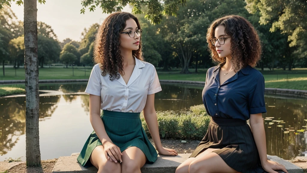 (best quality)), ((masterpiece)), (detailed) Two people are sitting in an empty park, a doctor age 35 is sitting next to a call girl in a short skirt. In front of a pond, the girl has curly hair down to her waist, the man is wearing fair rimless glasses. Both of them have blue eyes. Cinematic lights and shadows