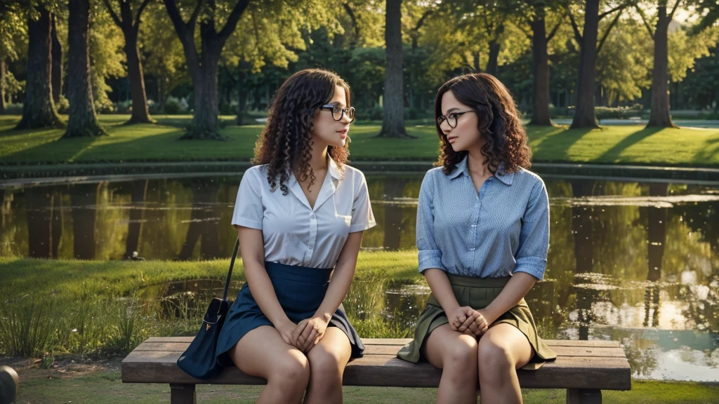 (best quality)), ((masterpiece)), (detailed) Two people are sitting in an empty park, a doctor age 35 is sitting next to a call girl in a short skirt. In front of a pond, the girl has curly hair down to her waist, the man is wearing fair rimless glasses. Both of them have blue eyes. Cinematic lights and shadows