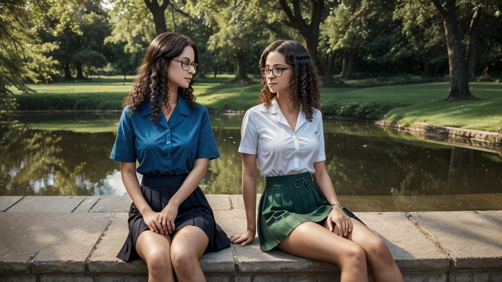(best quality)), ((masterpiece)), (detailed) Two people are sitting in an empty park, a doctor man age 35 is sitting next to a call girl in a short skirt. In front of a pond, the girl has curly hair down to her waist, the man is wearing fair rimless glasses. Both of them have blue eyes.