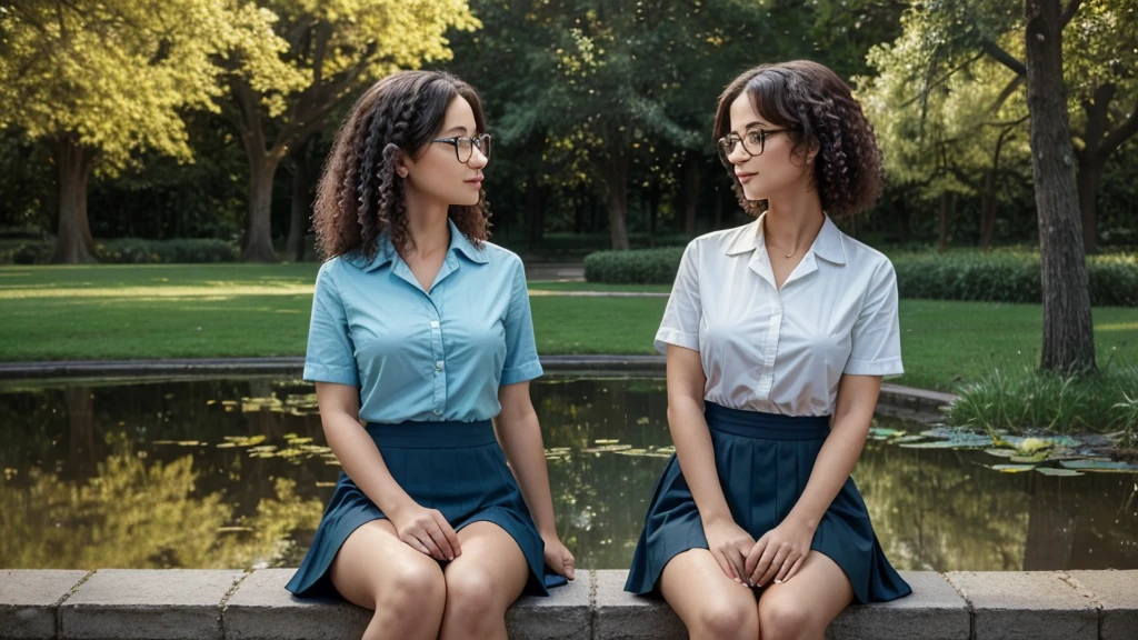 (best quality)), ((masterpiece)), (detailed) Two people are sitting in an empty park, a doctor age 35 is sitting next to a call girl in a short skirt. In front of a pond, the girl has curly hair down to her waist, the man is wearing fair rimless glasses. Both of them have blue eyes. Cinematic lights and shadows