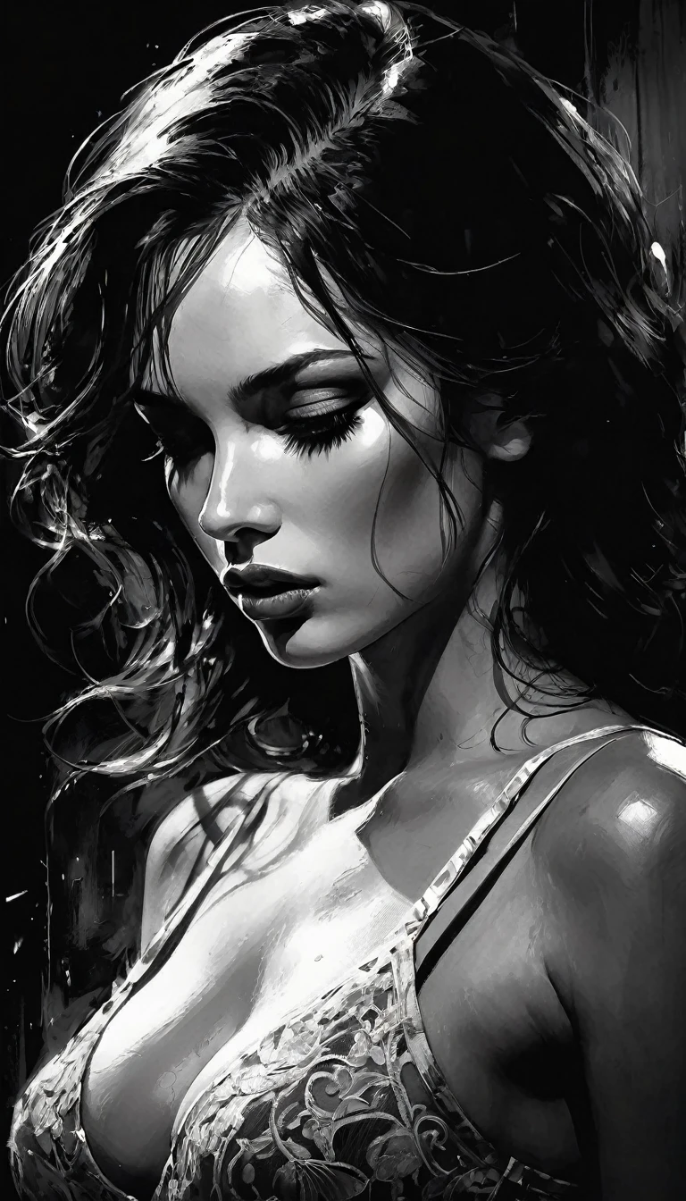 chiaroscuro, sexy, sensual, dramatic lighting, moody atmosphere, photorealistic, intricate details, masterpiece, ultra-detailed, high quality, 8k, best quality, realistic, cinematic, dark and brooding, expressionistic, powerful composition, emotional impact, black and white image, Bill Sienkiewicz inspired art
