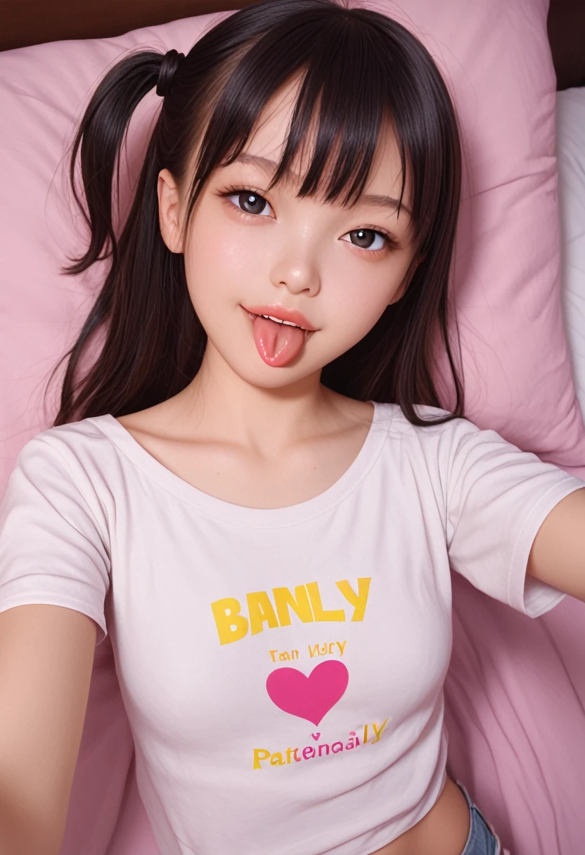 ollarbone,pastel colors t-shirt,off-shoulder look,bare shoulder,midriff peek,micro shorts,open mouth,(tongue out:2),lying,Selfie,looking ahead,from above,front view,cowboy shot,(1girl,Beautiful 14 year old girl),((Slender,Small breasts,Small face,)),looking at viewer,Black Hair,bangs,one side up,Beautiful and detailed,Mischievous smile,Dimly lit room,Simple Background,bed,pillow,best quality
