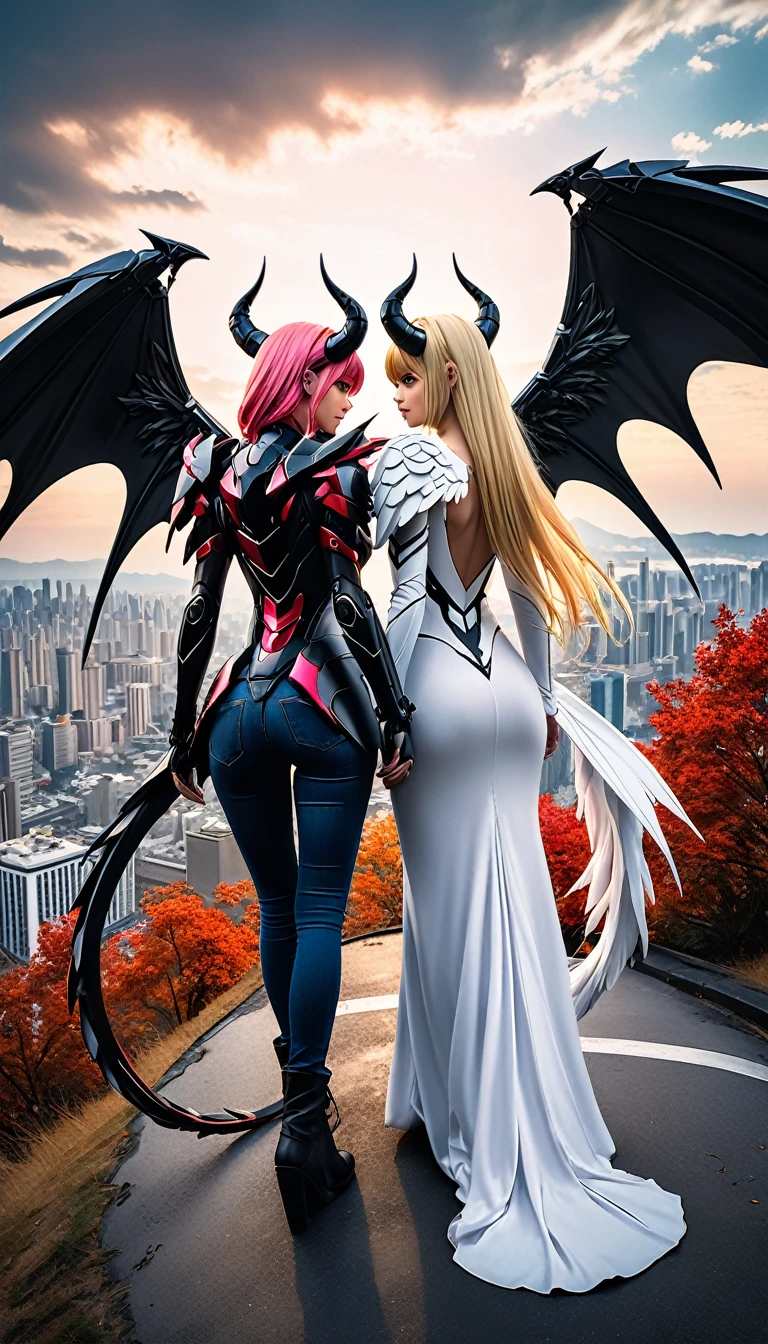 high-angle shots, and fisheye effects. A beautiful mecha angel lady and an mecha evil devil lady walking side by side, one with long blonde hair in white flowing gown with wings on back of her arms, other has pink red black colored hair wearing cloak and ripped jeans boots and horns with bat tail behind them city background realistic high detail, photo, cinematic, anime, dark fantasy, vibrant, landscape photography, fullbody