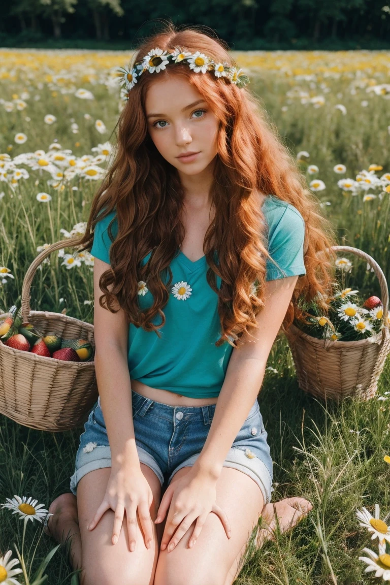 (girl:1.2),alone, (long ginger curly hair:1.1), brown eyes, Wearing a daisy wreath on your head, Sit in a daisy field, (fruit basket:1.1), blue shorts, red shirt,,raw,photographic,photo shadows,actual,Ridiculous,Aesthetic,elegant
