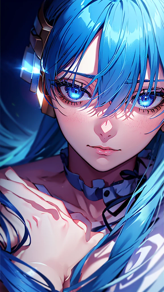 a beautiful girl with long blue hair, blue eyes, detailed facial features, elegant pose, one piece anime style, highly detailed, 8k, photorealistic, professional digital art, dramatic lighting, vivid colors, cinematic composition