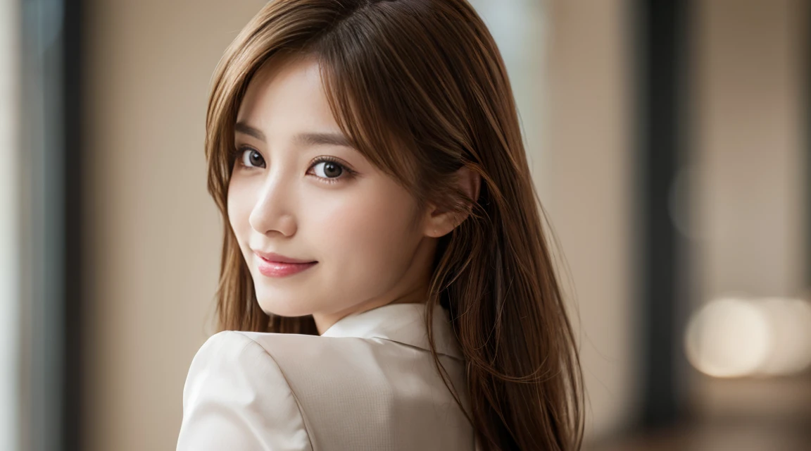 table top, highest quality, realistic, Super detailed, finely, High resolution, 8k wallpaper, 1 beautiful woman,, light brown messy hair, wearing a business suit, sharp focus, perfect dynamic composition, beautiful and detailed eyes, thin hair, Detailed realistic skin texture, smile, close-up portrait, model body shape
