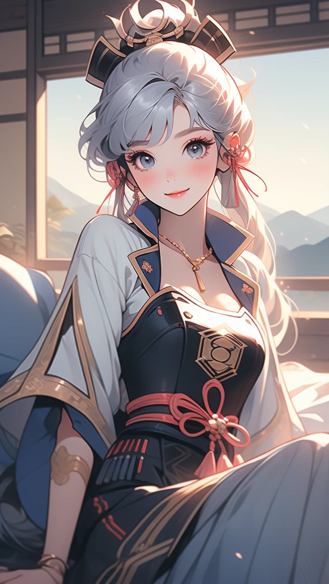 woman, full body, detailed face, mature woman, chinese costume, fantasy, white background, sharp face, particles (rose petals), cleavage, cinematic light, hair between eyes, dynamic angle, blue eyes, (shenhe \(genshin impact) \)