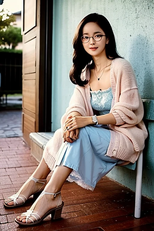 Highest quality、masterpiece、High sensitivity、High resolution、Detailed Description、Slender women、Bewitching Mature Woman、Glasses、Lace skirt、Summer Cardigan、Wearing Sandals、Sit down、At the doorstep、