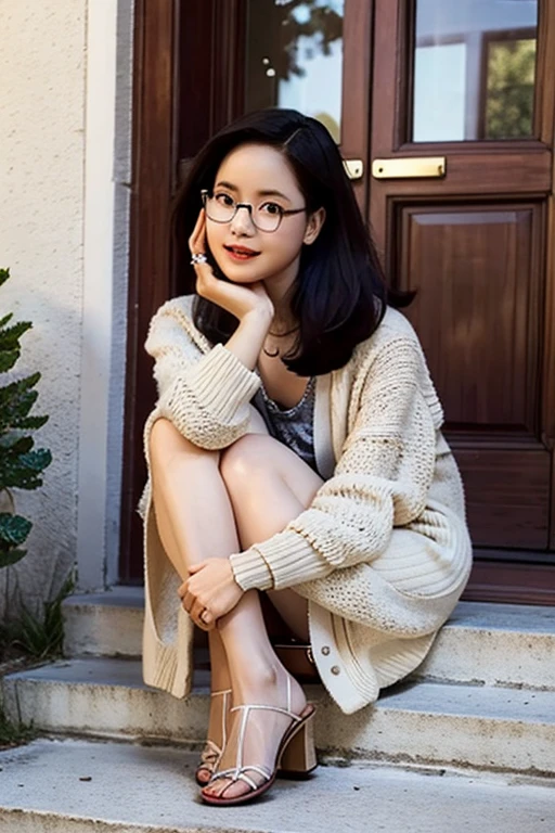 Highest quality、masterpiece、High sensitivity、High resolution、Detailed Description、Slender women、Bewitching Mature Woman、Glasses、Lace skirt、Summer Cardigan、Wearing Sandals、Sit down、At the doorstep、