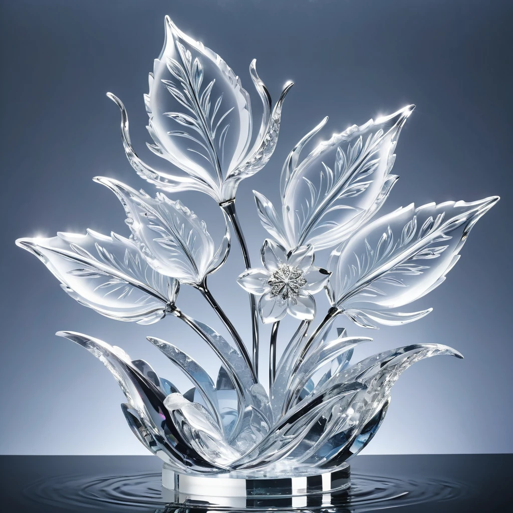 Ice sculpture in flower shape, in the water, bright background, studio lighting,romantic style, glass-like sculptures, frozen movement,high details,expensive style,pop style, high details white and silver tone