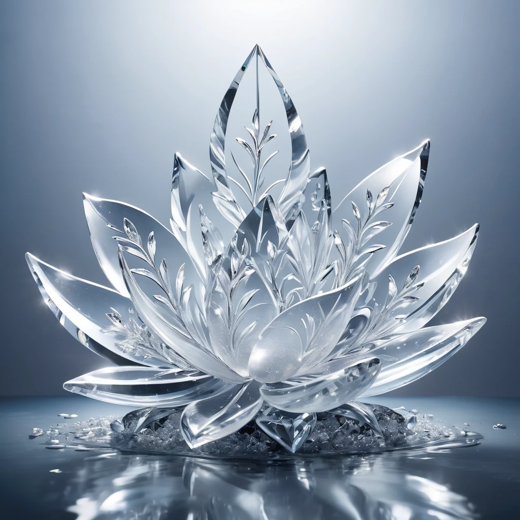 Ice sculpture in flower shape, in the water, bright background, studio lighting,romantic style, glass-like sculptures, frozen movement，high details,expensive style,pop style, high details white and silver tone