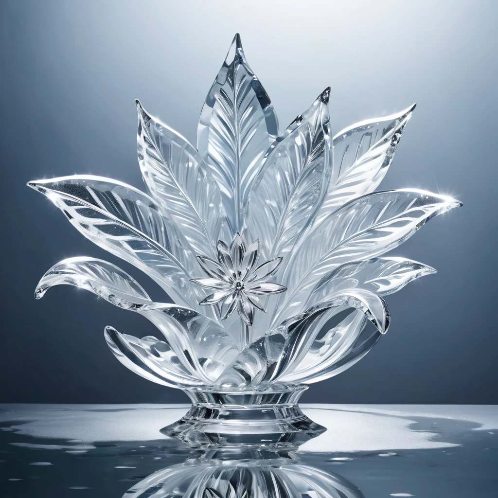 Ice sculpture in flower shape, in the water, bright background, studio lighting,romantic style, glass-like sculptures, frozen movement,high details,expensive style,pop style, high details white and silver tone