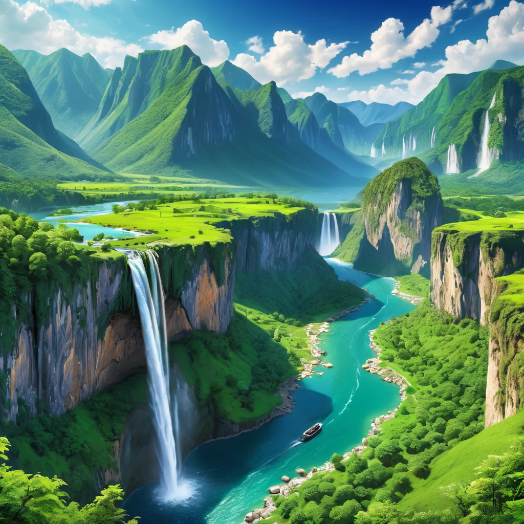 Masterpiece, ultimate quality, Cg unity 8k wallpaper, super delicate, beautiful sky and clouds, rich natural scenery, cliffs, lakes and rivers, waterfalls and flying water, beautiful green mountains, no trace of people, excellent scenery, has already won a photo contest, background Blurring, full depth of field, HDR high dynamics, true restoration, intricate, extreme details, dramatic presentation, perfectly presenting the style of midjourney art.