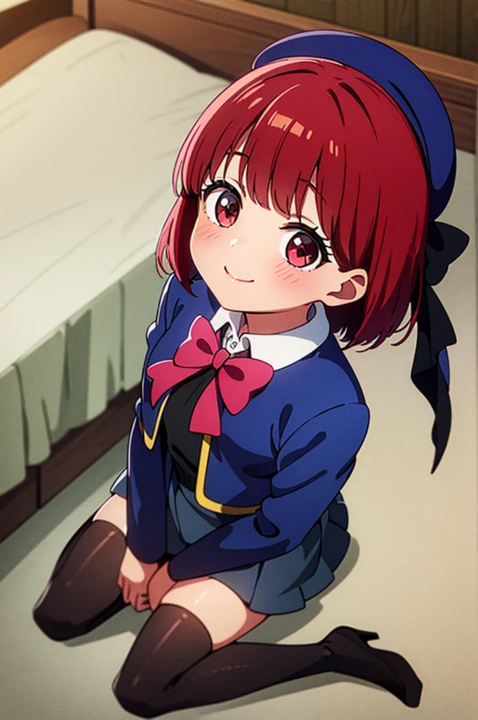 ((masterpiece)), ((best quality)), (ultra-detailed), ((kawaii)), cute, (lovely),(gleaming skin),from directly above,looking up at viewer, very close to viewers, view straight on, light blush, Wariza, ((seductive smile)), arima kana,aakana,red hair,  short hair, ((hollow eyes)), beret, red eyes, blue headwear, red bowtie, collared shirt, blue jacket, open jacket, long sleeves, grey skirt,black thigh high socks,night,hotel room
