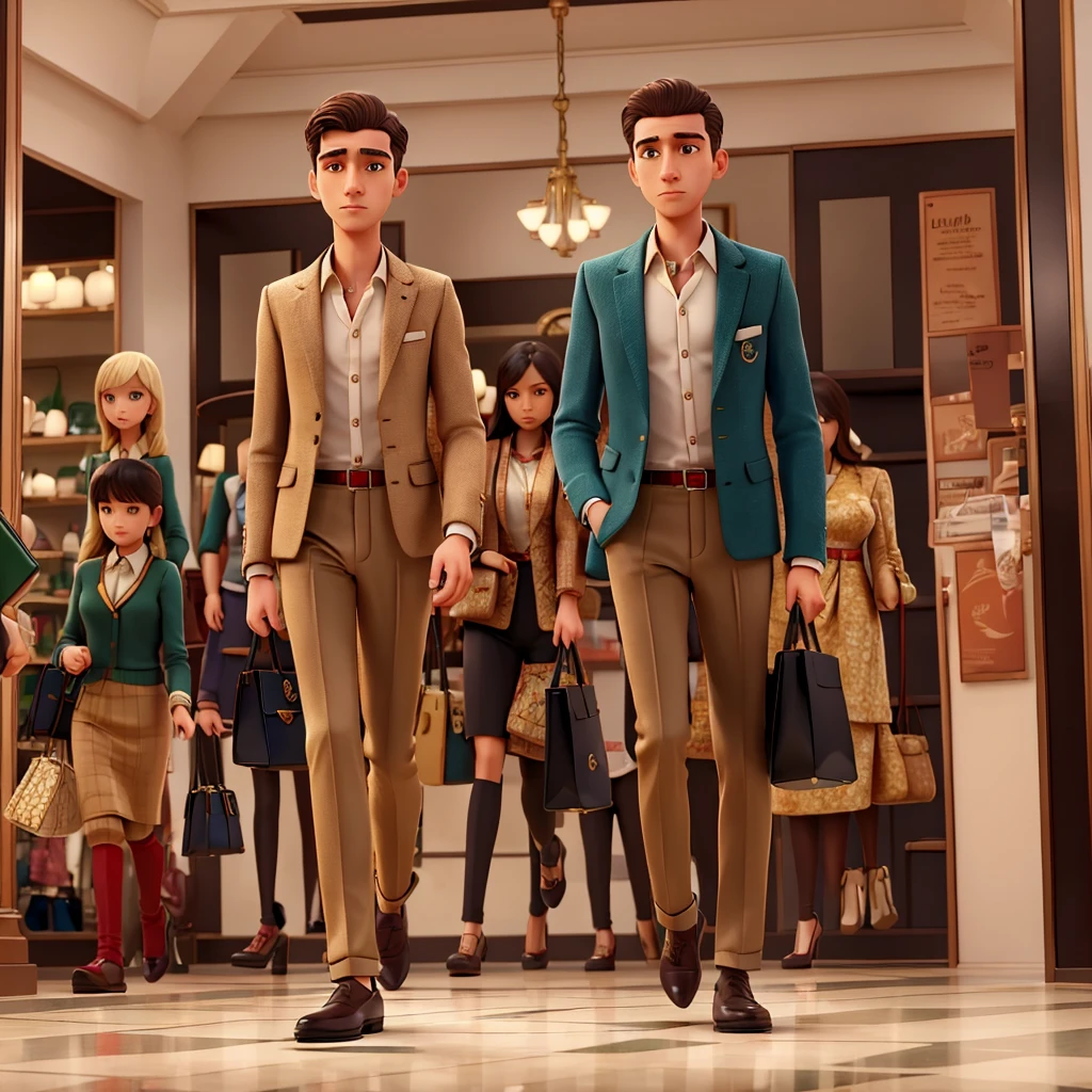 A Man in the mall in Gucci clothes with a Gucci bag full of money with many women running after him