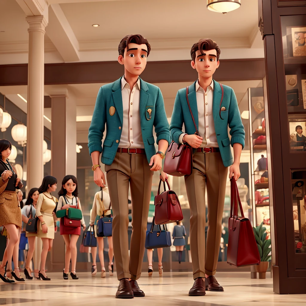 A Man in the mall in Gucci clothes with a Gucci bag full of money with many women running after him