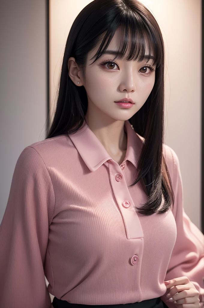 Korean woman taking a selfie, long black hair with bangs, brown eyes, pink blouse sexy with cute sleeves, 3D ultra-realistic, 4k, glossy, skin glow, soap brows, lip gloss, dynamic lighting, surrealism, surreal, realistic photo, detailed, high quality, dynamic lighting, vibrant colors, subtle surrealism, modern art, detailed clothing