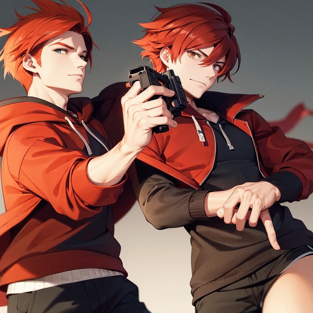 A cool guy with messy red hair wearing a hoodie and holding a gun