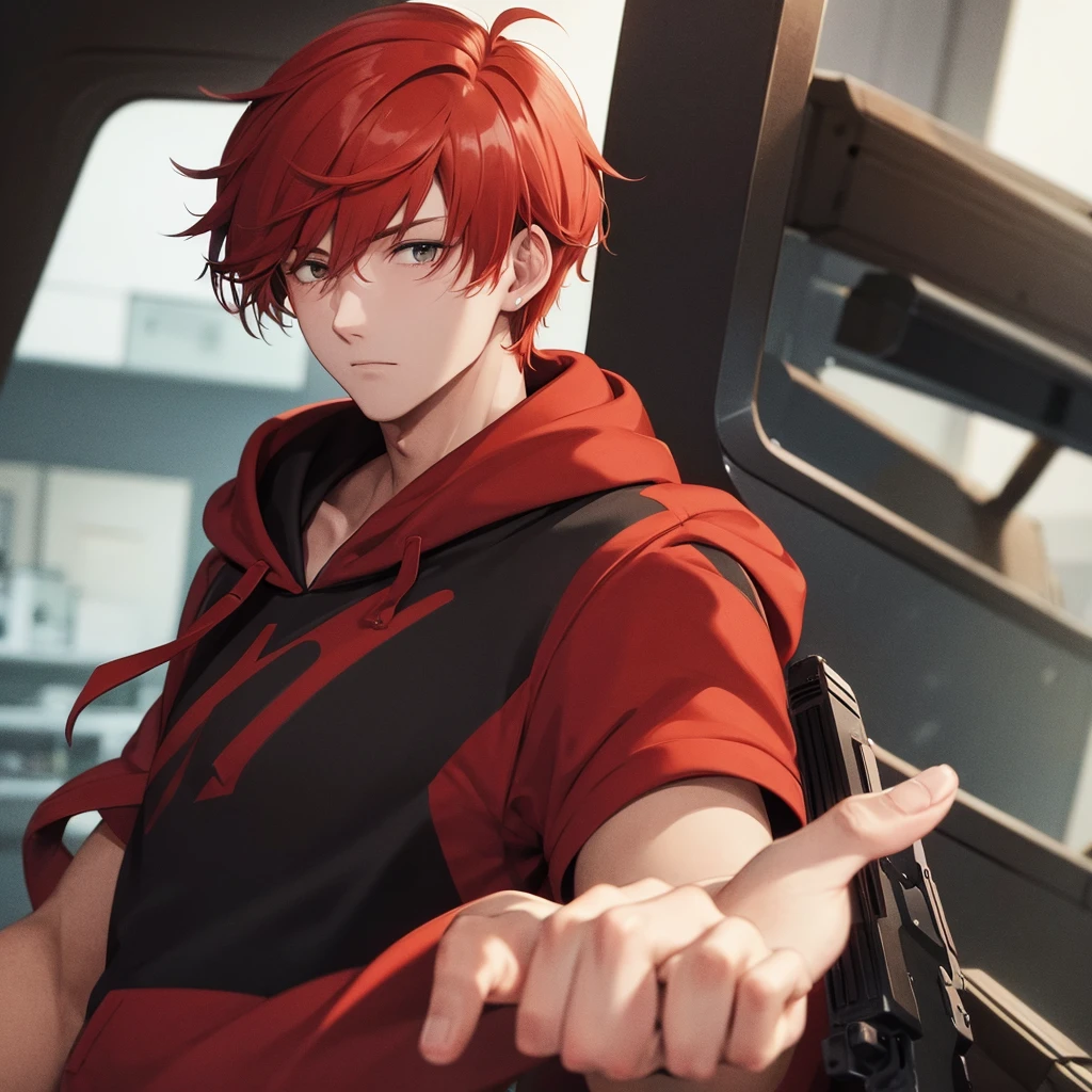A cool guy with messy red hair wearing a hoodie and holding a gun