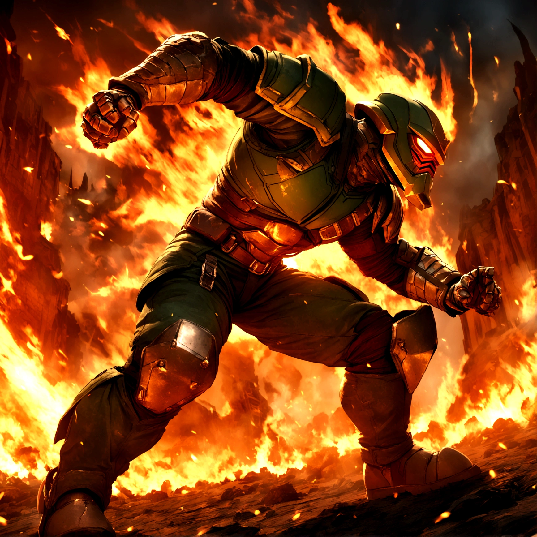 (4k, ultra-detailed) doom slayer, doom guy, doom slayer in disguise, hell, hellfire unleashed, dynamic pose, dark, hell, dynamic

