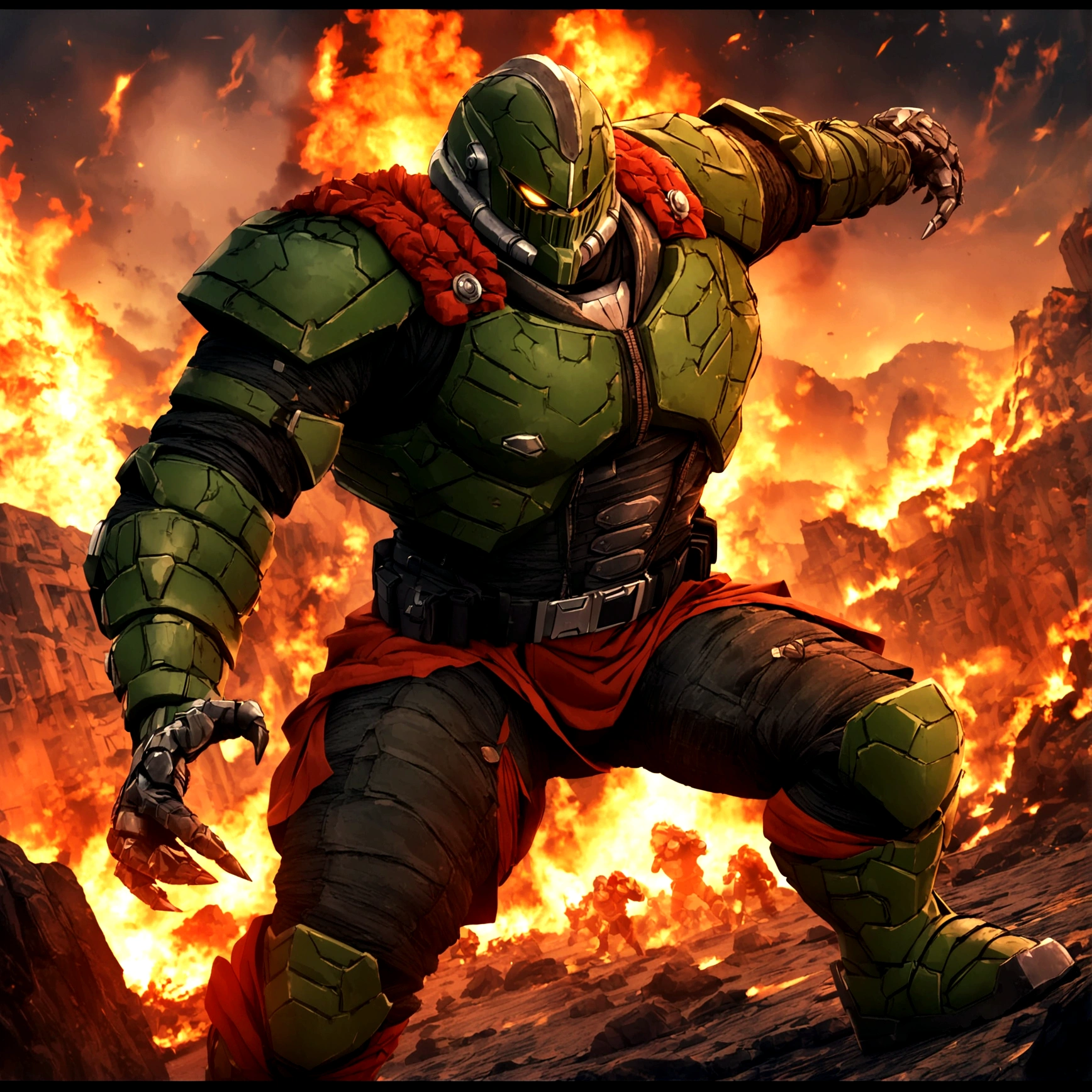 (4k, ultra-detailed) doom slayer, doom guy, doom slayer in disguise, hell, hellfire unleashed, dynamic pose, dark, hell, dynamic