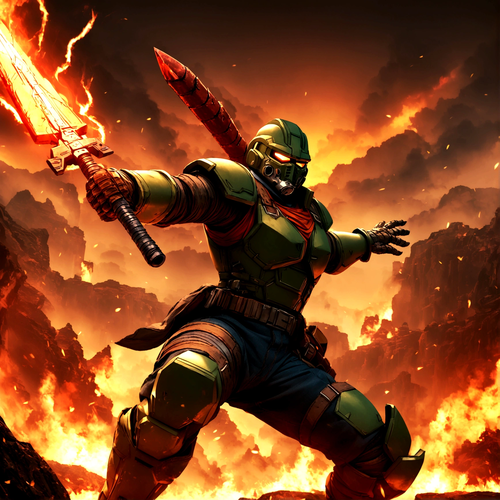 (4k, ultra-detailed) doom slayer, doom guy, doom slayer in disguise, hell, hellfire unleashed, dynamic pose, dark, hell, dynamic