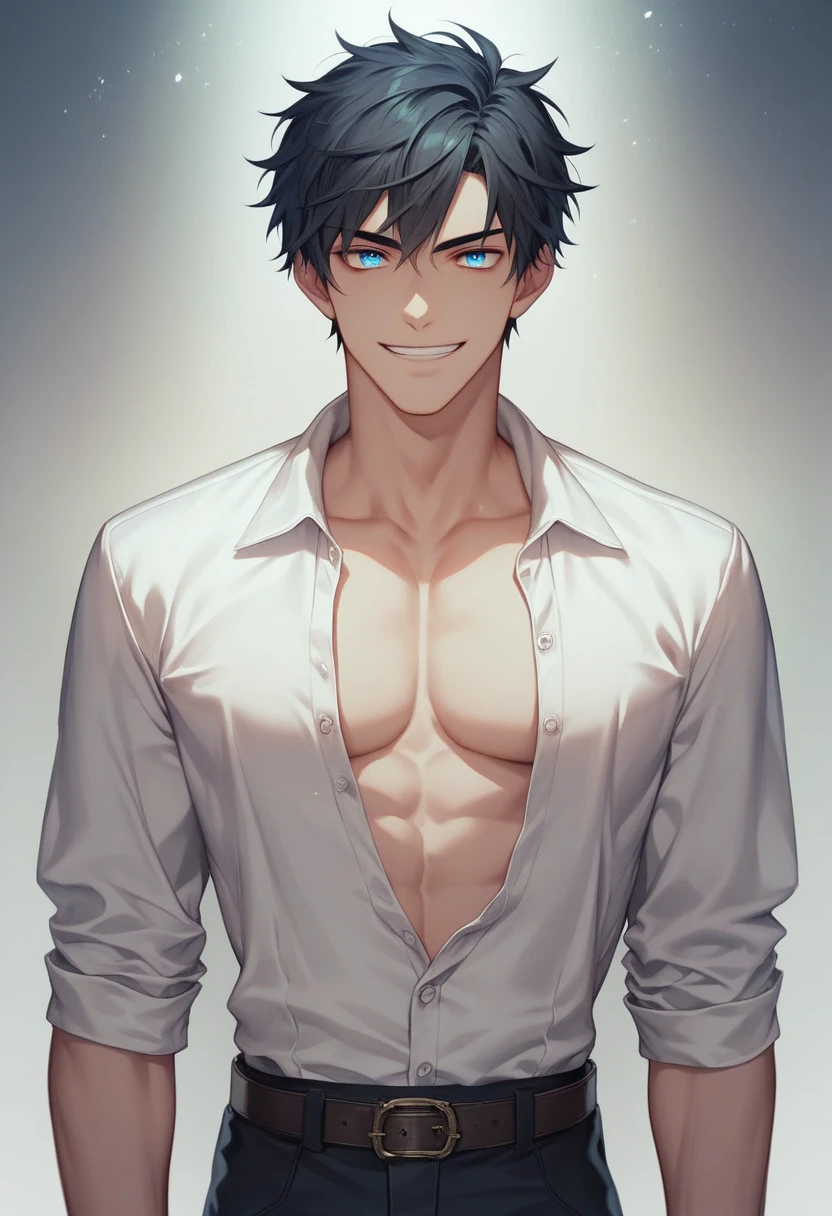 (masterpiece, High resolution, Super detailed:1.0), (1 boy, Adult male, Masculine and handsome face), perfect male body, tall and strong, Exquisite eyes and exquisite face, Extremely detailed CG, unified 8k wallpaper, intricate details, Detailed face, (Aqua blue eyes, black hair, messy hair, half open white shirt, Black suit pants, half unbuttoned belt), (Raise eyebrows, Evil smile:1.3), Against the light black wall, relaxed and casual attitude, Chromatic Aberration, dramatic shadow, Ray tracing, best quality, movie lighting