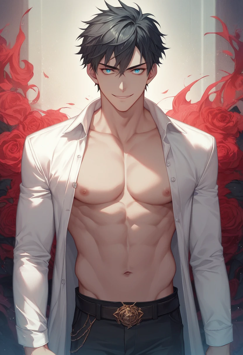 (masterpiece, High resolution, Super detailed:1.0), (1 boy, Adult male, Masculine and handsome face), perfect male body, tall and strong, Exquisite eyes and exquisite face, Extremely detailed CG, unified 8k wallpaper, intricate details, Detailed face, (Aqua blue eyes, black hair, messy hair, half open white shirt, Black suit pants, half unbuttoned belt), (Raise eyebrows, Evil smile:1.3), Against the light black wall, relaxed and casual attitude, Chromatic Aberration, dramatic shadow, Ray tracing, best quality, movie lighting