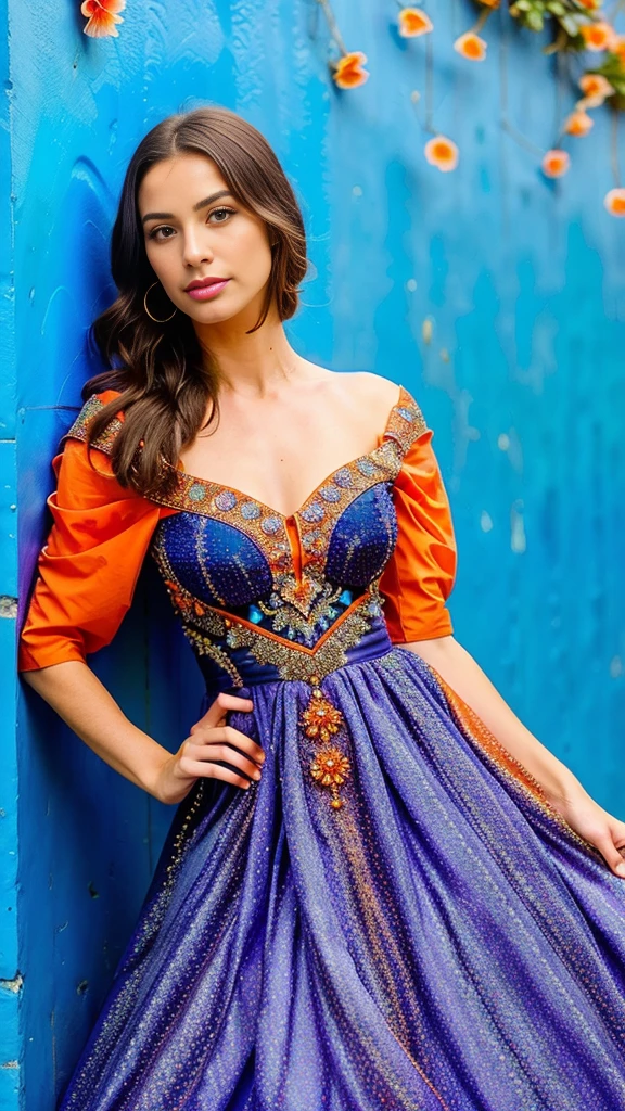 a close up of a woman in a colorful dress leaning against a wall, beautiful dress, fantasy dress, extravagant dress, magical dress, stunning dress, dressed beautiful gown, gorgeous colors, stunning colors, wearing a magnificent dress, colorful dress, beautiful gown, blue and orange, beautiful and colorful, long flowing intricate dress, beautiful detailed dress, blue and orange tones