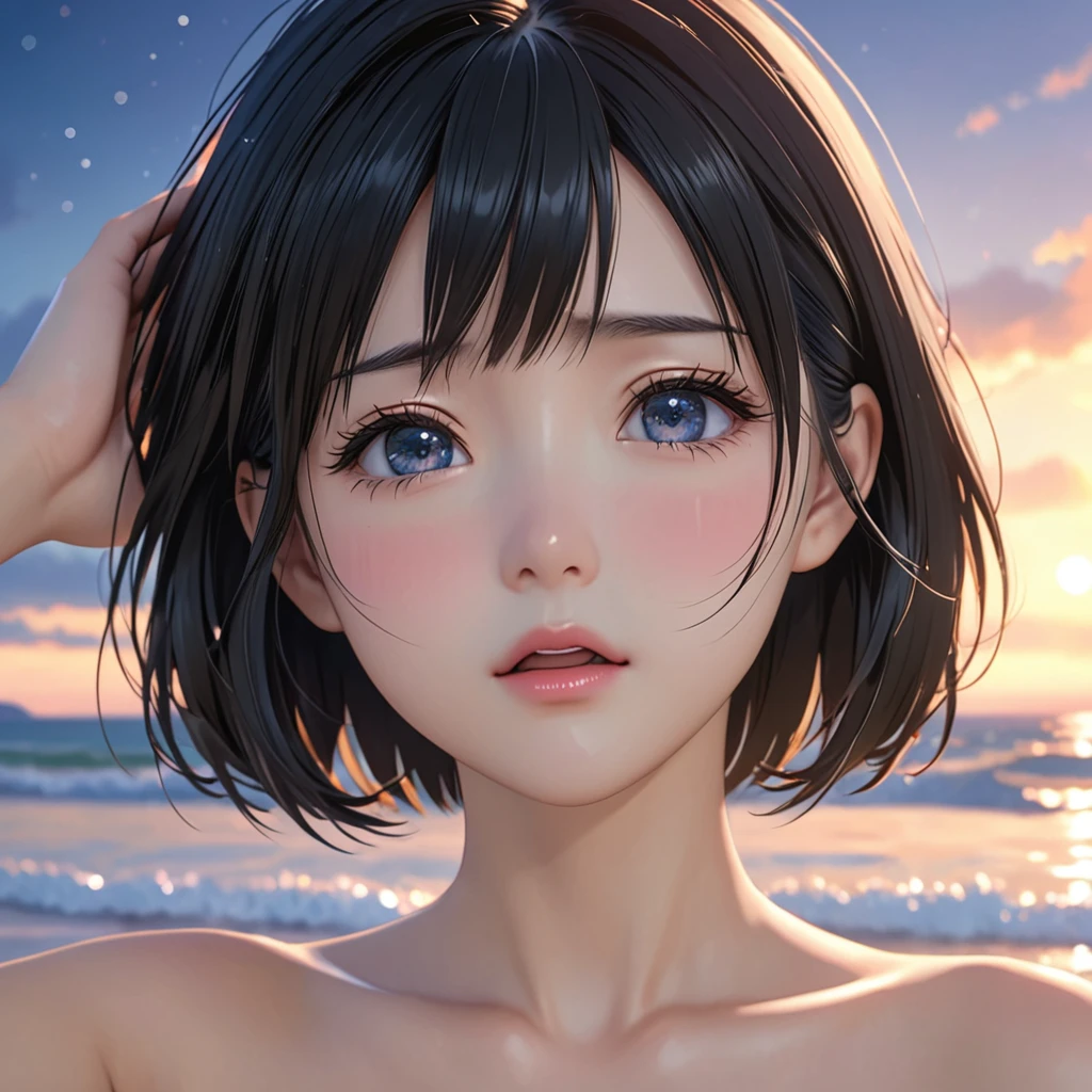 National Science Foundation,masterpiece,High resolution,8K,Art,digit,Three-dimensional,Realism,Kyoto Animation Style,your name movie style,cute,baby face,looking into camera,On the scenic seaside,(1 girl: 1.3),(alone: 1.4),Upper body nudity,Put your hands behind your head,Black hair,Long eyelashes,Slender legs,Short Bob,Close-up of upper body,Close-up,(Close up),Eyes as deep as the starry sky,Close your eyes,shy,pain,sad,sad,open mouth