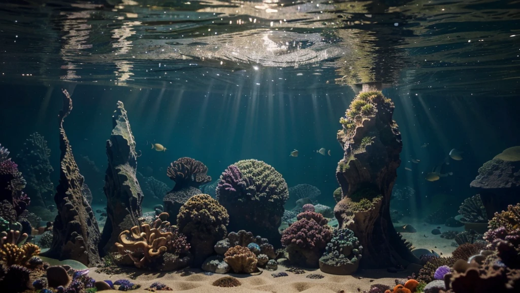 The whole image is in vivid colors and elements that occupy spaces, a light shines from the depths of the sea and there you can see magnificent fish and wonderful animals that live only deep in the depths of the sea that swim together as well as mountains and hills with rich sea plants across the entire width of the image from below on the horizon line the great light that shines towards the viewer and illuminates everything with the light of the preciousness of all the elements There are combinations of many small and delicate beads in a variety of colors, shapes and sizes