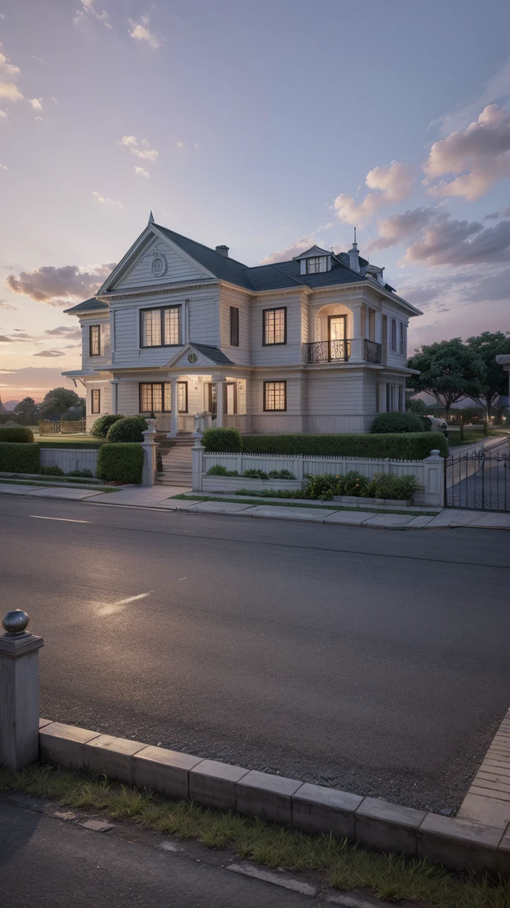 ((Colonial style house)), ((Lumion Pro rendering)), night lighting, cinematic quality