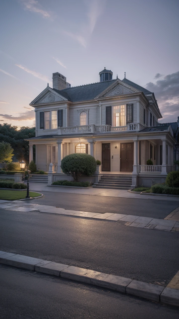 ((Colonial style house)), ((Lumion Pro rendering)), night lighting, cinematic quality 