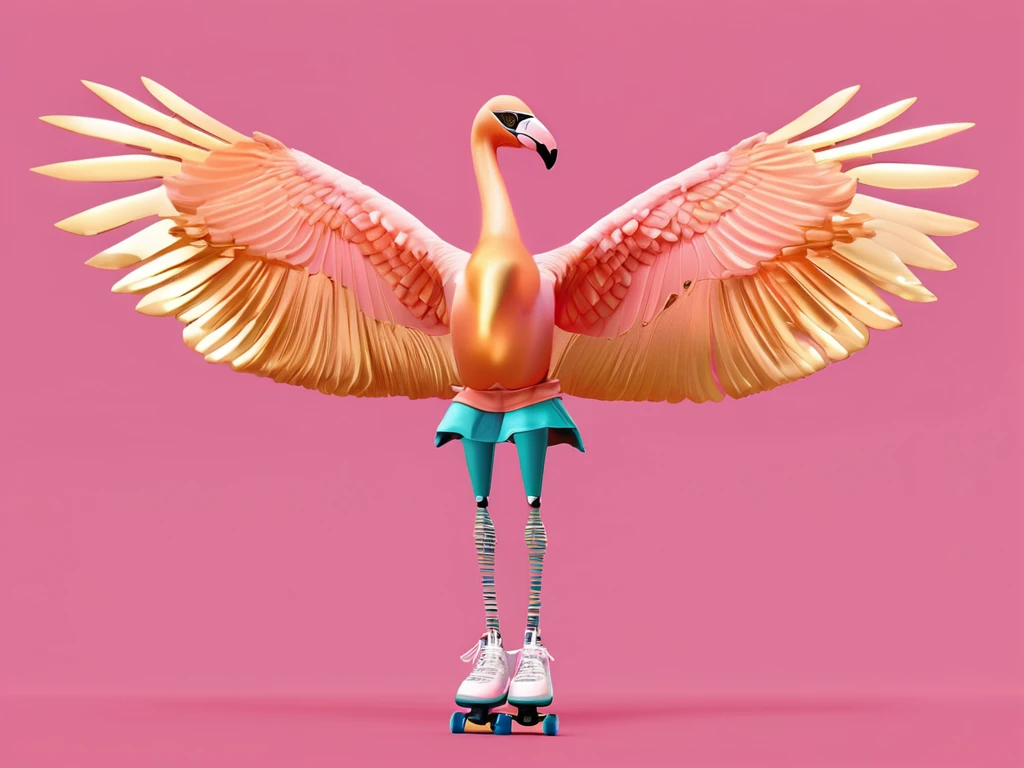 digital illustration, depiction of a flamingo wearing roller skates, in a discoteque, wings open, jumping in an ballet pose, the flamingo is wearing a metalic golden hoodie and sunglases